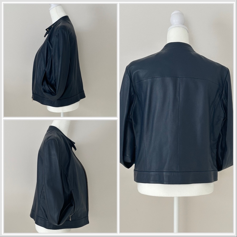 Cropped, indigo blue, perforated leather jacket - Picture 2 of 16